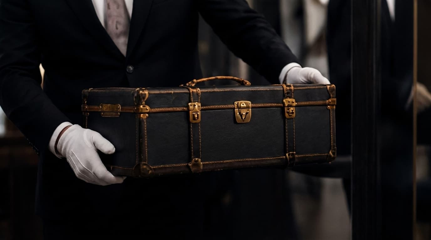 Gloved hands carefully carrying a luxury leather trunk with brass hardware