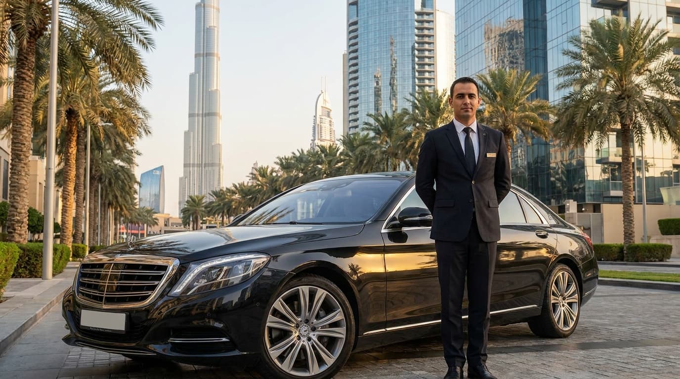 Professional Xofeur chauffeur standing beside a black luxury sedan with the Dubai skyline and Burj Khalifa behind